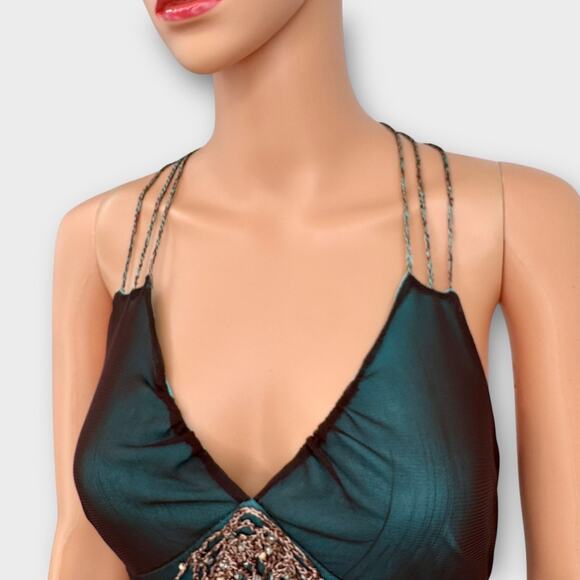 Fairycore Y2K Beaded Crochet Mesh Overlay Handkerchief Hem Midi Dress Size 6 - Picture 7 of 16